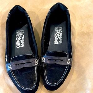 Black suede Ferragamo loafers. Size 5